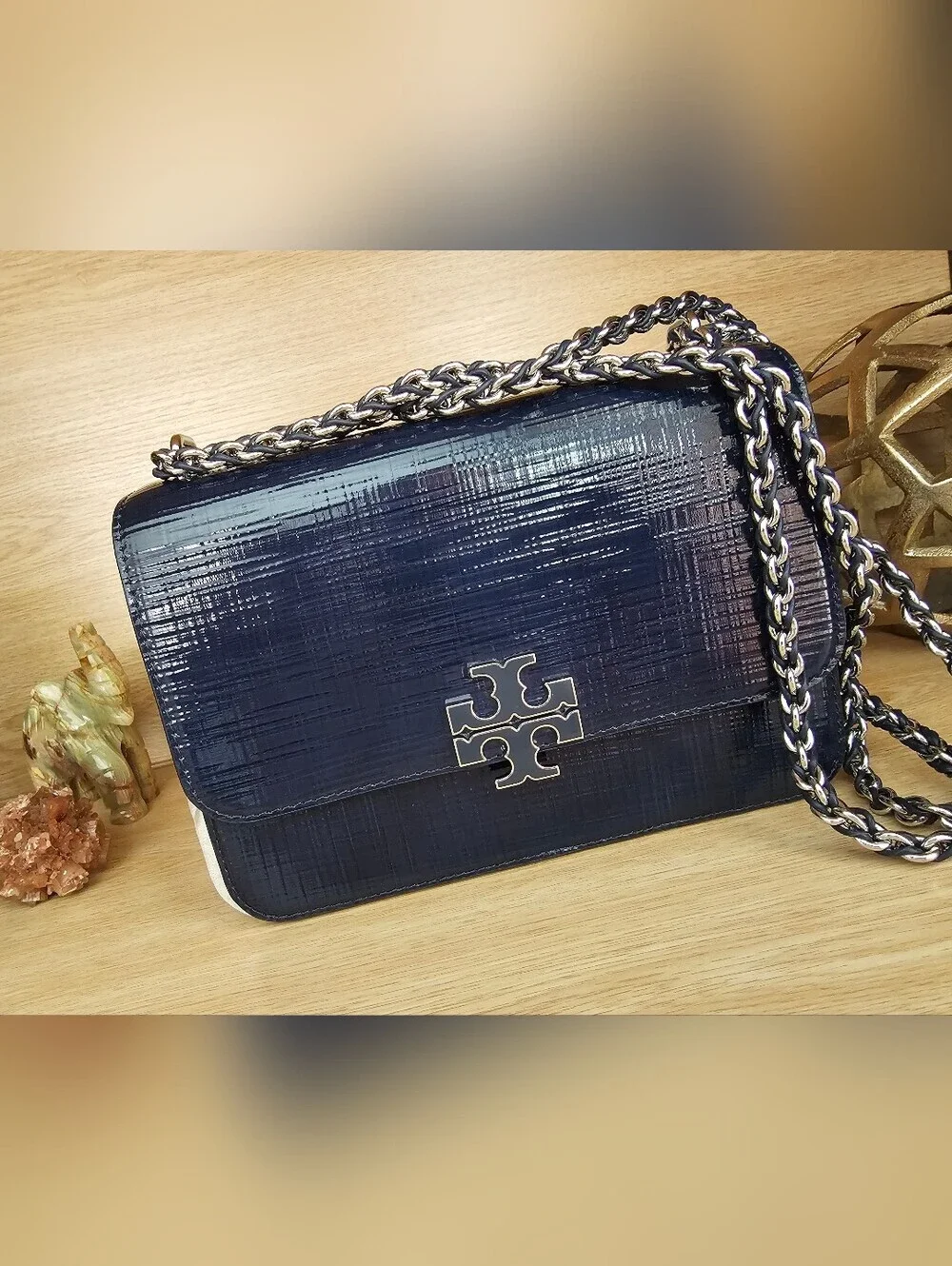 Tory Burch  Britten Textured Patent  Navy Leather Chain Crossbody
